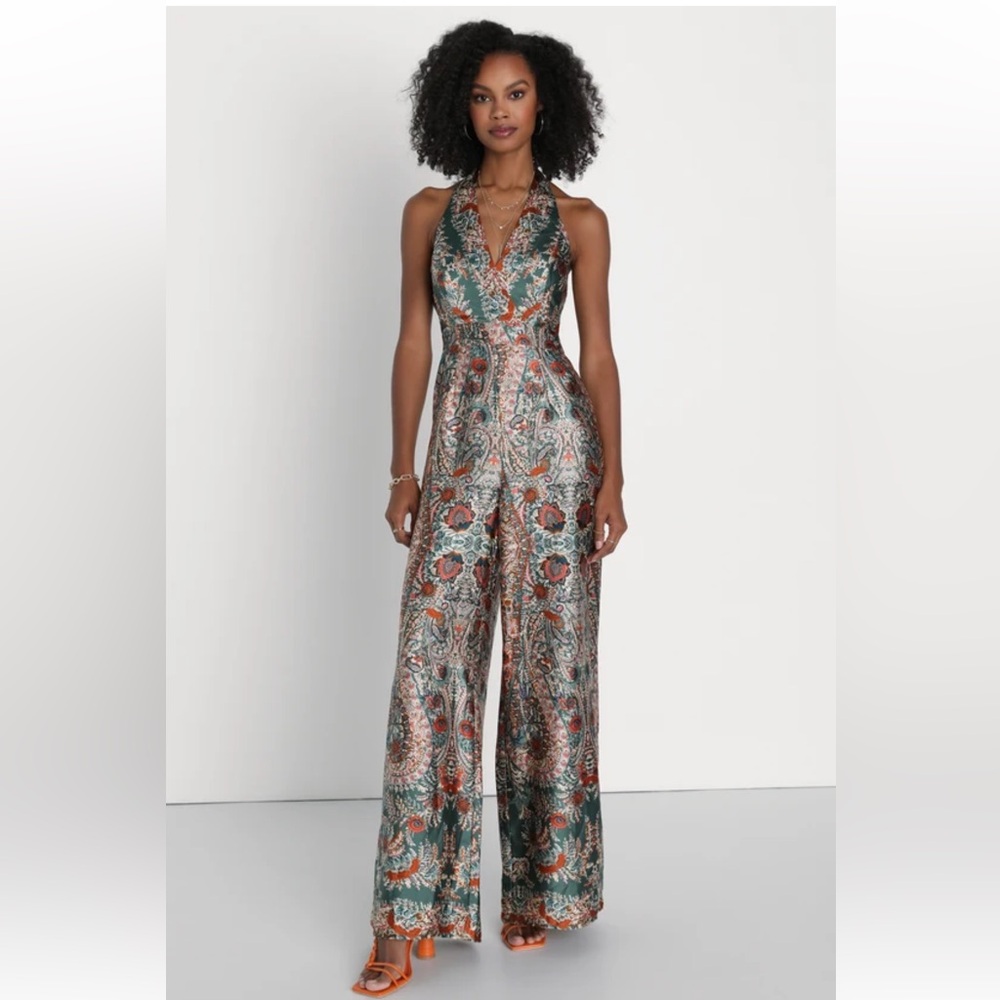 Lulus - Divine Wanderings Teal Green Scarf Print Satin Wide-Leg Jumpsuit